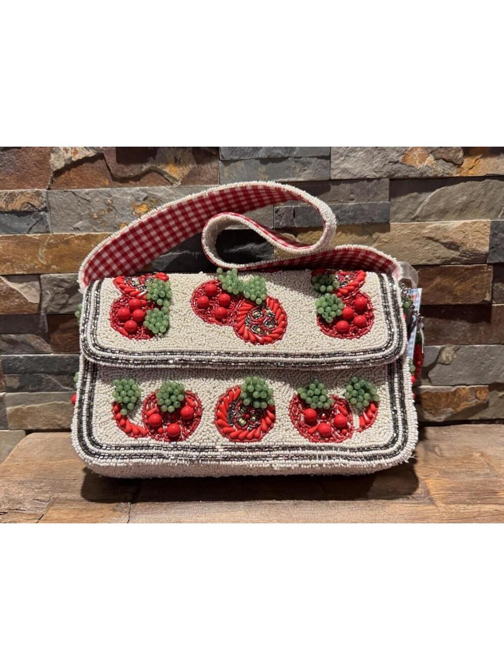 New Viral Handcrafted in India Gingham Red Tomato Beaded Bag Purse Beautiful NEW